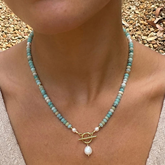 Turquoise Bead Pearl Necklace