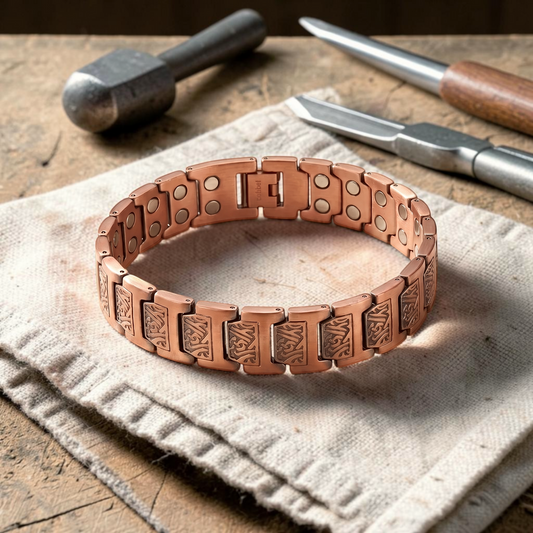 Kenyi Juwels herenarmband van puur koper met diepgegraveerde schakels en magnetische details op een werkbank.