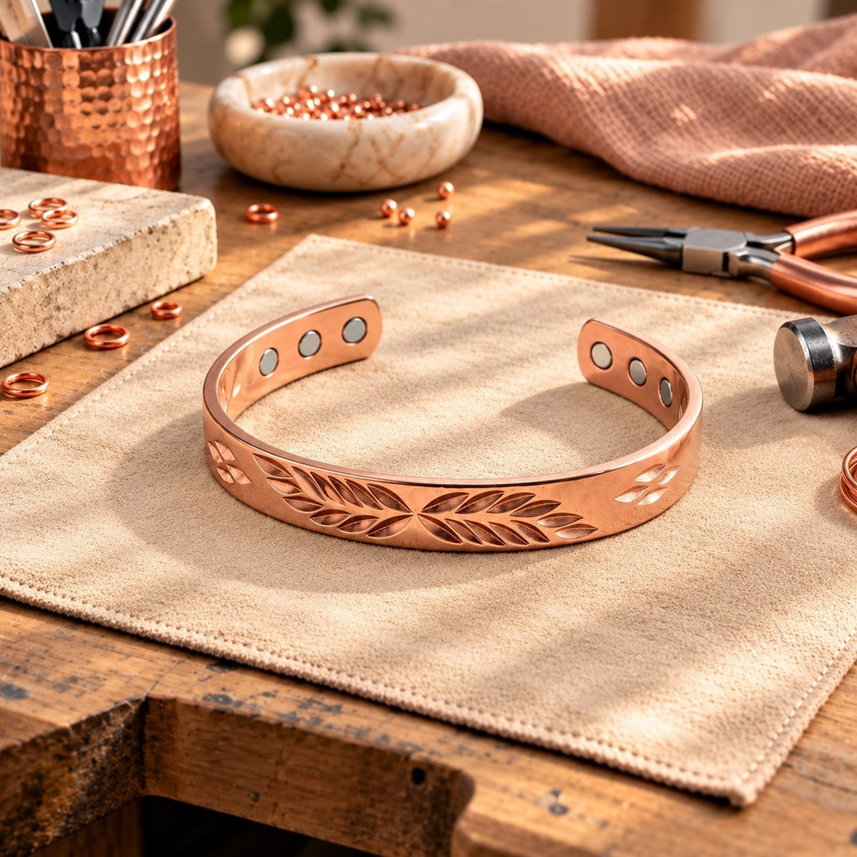 Kenyi Juwels koperen armband met bladmotief en magnetische details op een werkbank in een ambachtelijke studio.